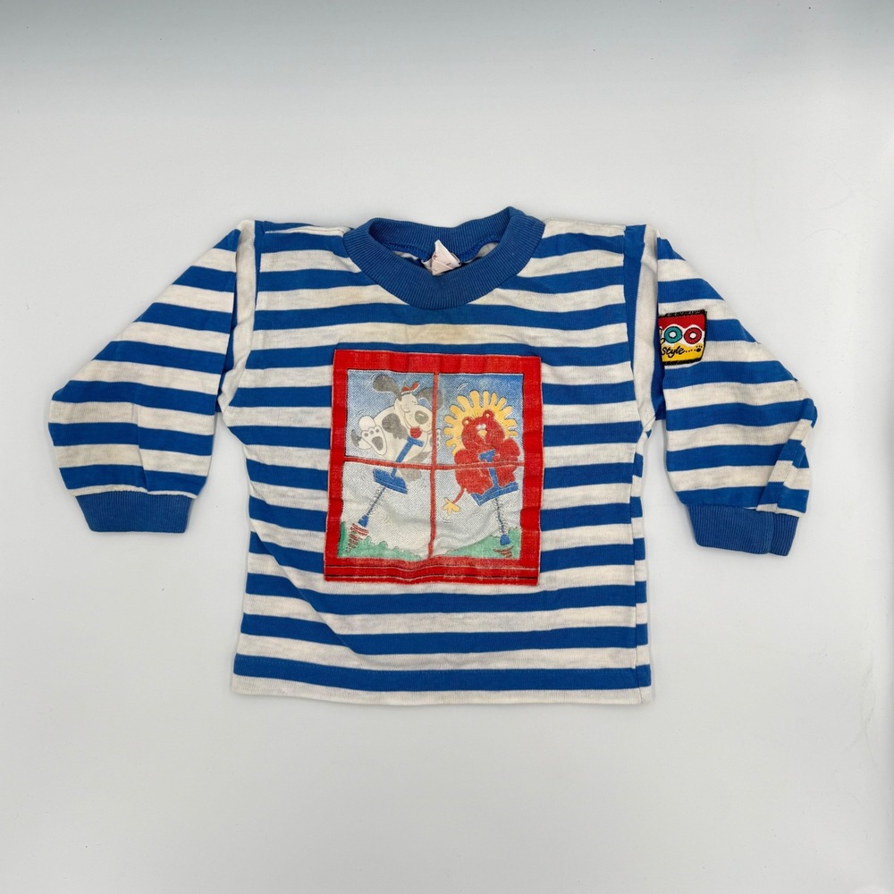 Vtg Buster Brown 18M Blue Stripe Shirt –Cartoon Window Patch, KAZOO, Made in USA